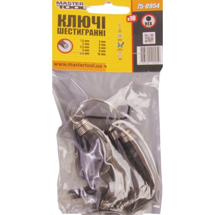 Ключи шестигранные MasterTool 75-0954, набор 10 шт CrV (1,5-10мм L38-60мм)