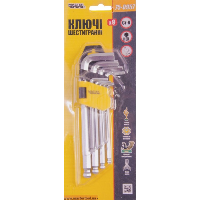 Ключи шестигранные MasterTool 75-0957, набор 9 шт CrV удлиненные с шар.нак. (1,5-10мм L74-172мм)