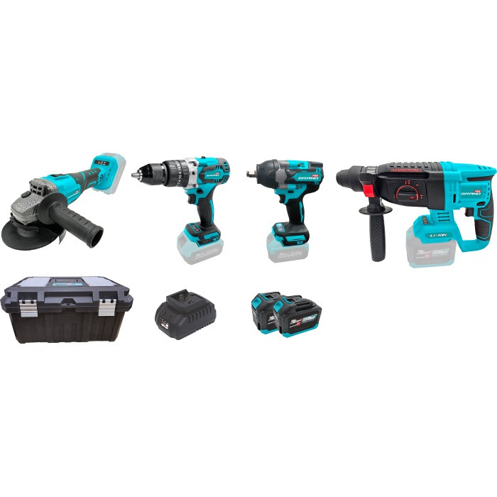 Набір акумуляторних безщіткових інструментів Grand №4 (болгарка шуруповерт гайковерт перфоратор 2АКБ 20В 6Аг) Набір акумуляторних безщіткових інструментів Grand №4 (болгарка шуруповерт гайковерт перфоратор 2АКБ 20В 6Аг)