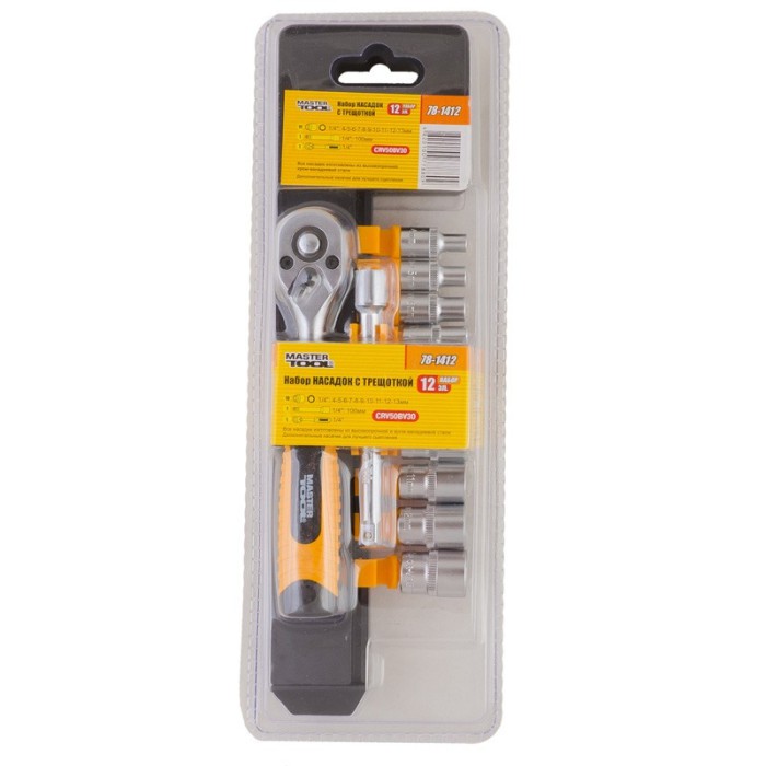 Набор насадок торцевых MasterTool 78-1412, PROFI CrV 1/4”  4-13 мм, трещотка 72Т, 12 шт.