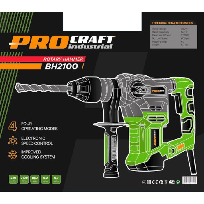 Перфоратор Procraft Industrial BH-2100, SDS-plus, 2100 Вт, 6 Дж, 800 об/мин, 3 режима, кейс