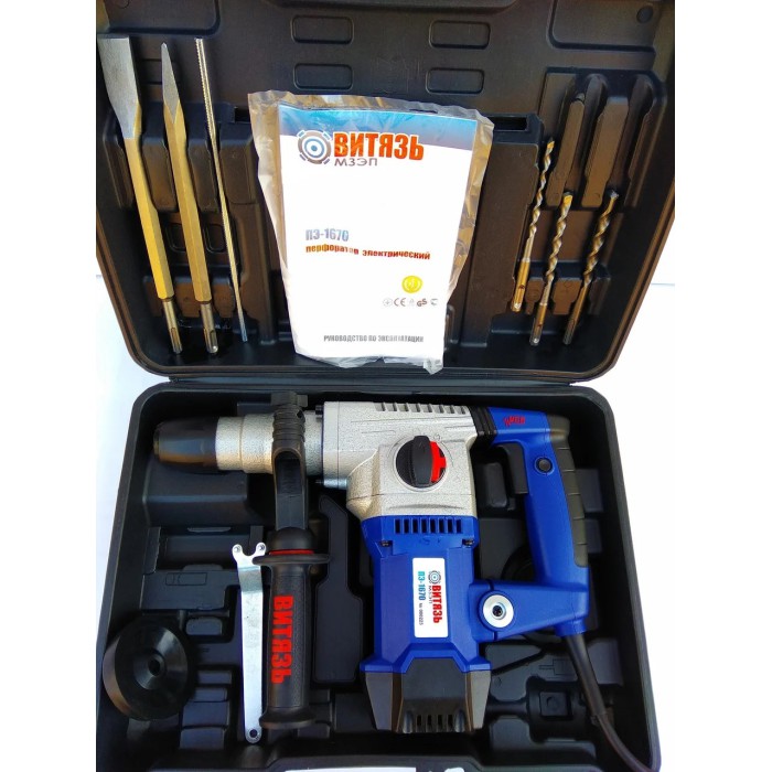 Перфоратор Витязь ПЕ-1670, Sds+, 1670 Вт, 3 режими, 4100 уд/хв, 850 об/хв, піка, зубило, бури, кейс