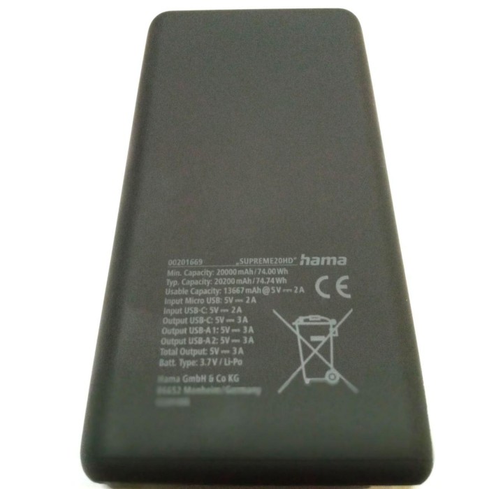 Повербанк Hama Supreme 20000 mAh, 2 USB входи, USB-C, Micro-USB, швидк. зарядка, кабель USB-USB-C, сірий