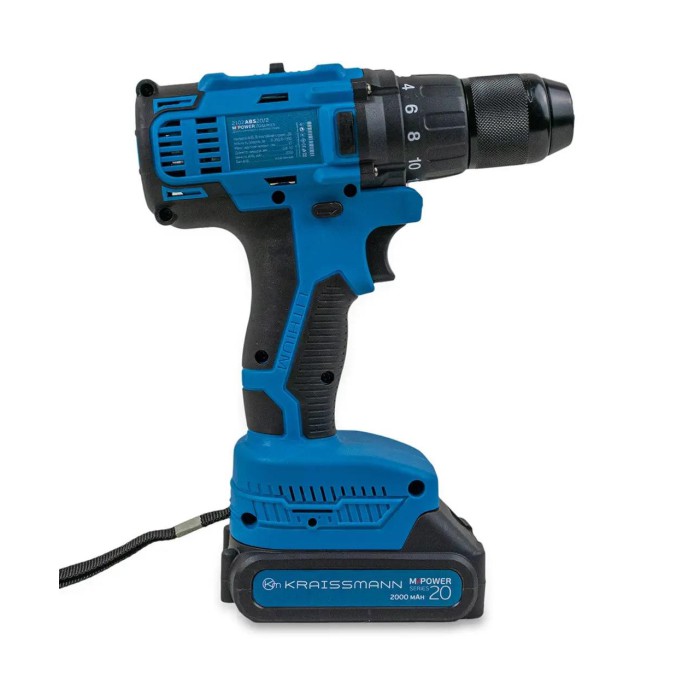 Шуруповерт акумуляторний KRAISSMANN 2102 ABS 20/2-S2 (з набором інструментів), 20 В, 2 АКБ, 2 А/год, підсвічування