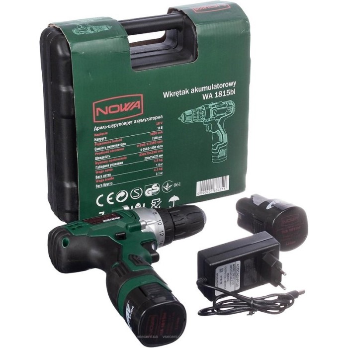 Шуруповерт акумуляторний NOWA WA1815bl, 18, 2 акк, 1.5 А/год, 1350 об/хв, 29 Нм, 2 шв, кейс, LED підсвічування