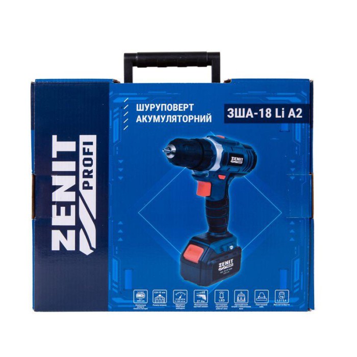 Шуруповерт акумуляторний Зеніт США-18 Li А2 профі, 2 акк., 18 В, 27 Нм, 2 швидкості, підсвічування, кейс