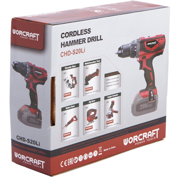 Шуруповерт акумуляторний ударний Worcraft CHD-S20Li, 20, Li-ion, 1650 об/хв, 50 Нм, LED-підсвічування