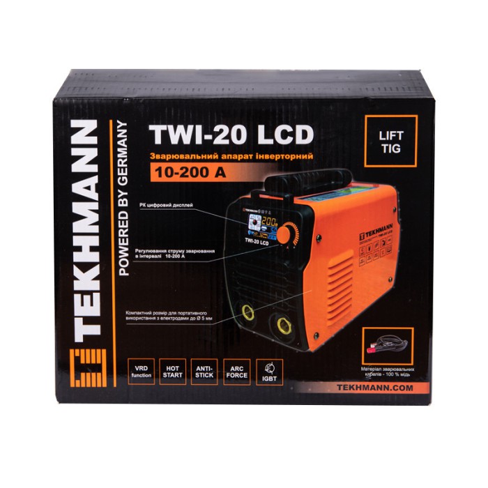 Зварювальний інверторний апарат Tekhmann TWI-20 LCD, 9.8 кВА, зварювальний струм 10-200 А, електроди 1.6-5.0 мм