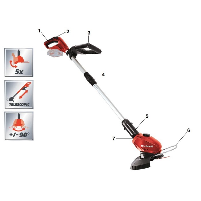 Триммер аккумуляторный Einhell GE-CT 18 Li Solo, 8500 об/мин, Li-Ion, 18 В, без акк., 1,5 А/ч., складная ручка