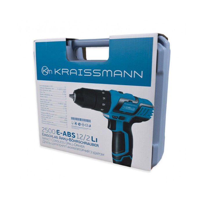 Ударний акумуляторний шуруповерт KRAISSMANN 2500 E-ABS 12/2 Li, 12 В, 2.5 А/год, 28 Нм, 2 акк, 2 швидкості, кейс