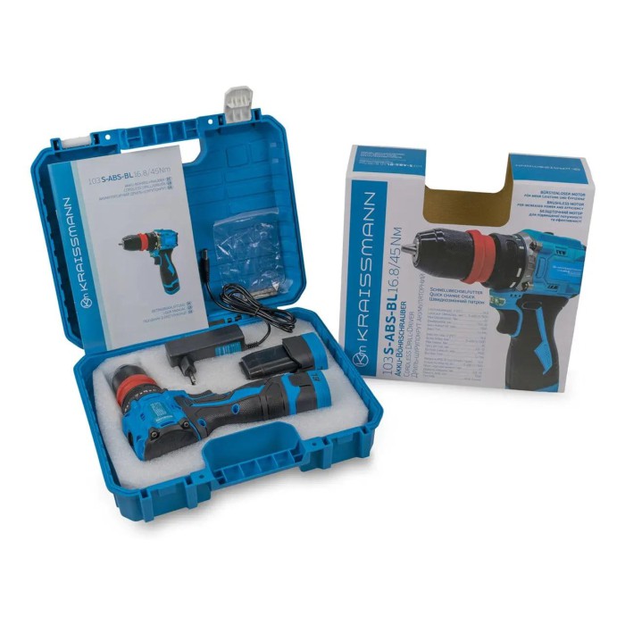 Аккумуляторный шуруповерт KRAISSMANN 103 S-ABS-BL 16.8В, 2 АКБ, 1.5 а/ч, 45 НМ, DFR патрон, кейс