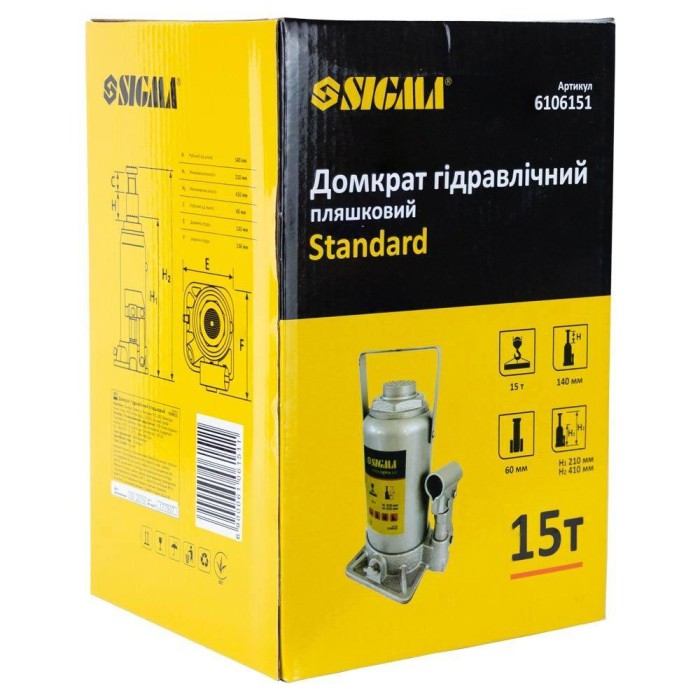 Домкрат гідравлічний пляшковий 15 т 210-410 мм Standard SIGMA (6106151)