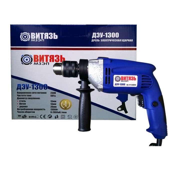 Ударний електродриль Витязь ДЕУ-1300, 1300 Вт, 2800 об/хв, ключовий патрон 13 мм, метал. корпус редуктора