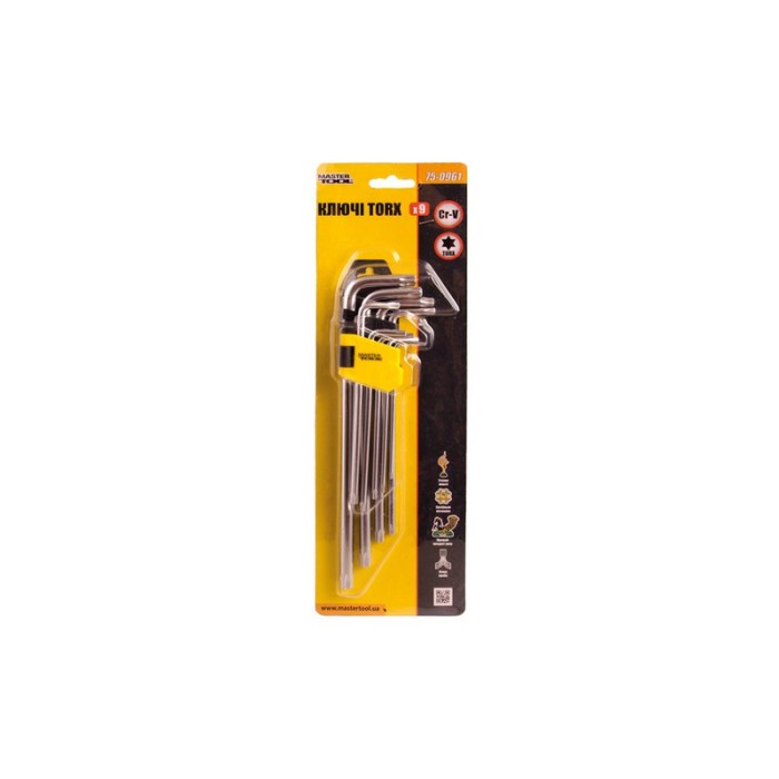Ключи TORX MasterTool 75-0961, набор 9 шт CrV длинные (Т10-Т50 L90-227мм)