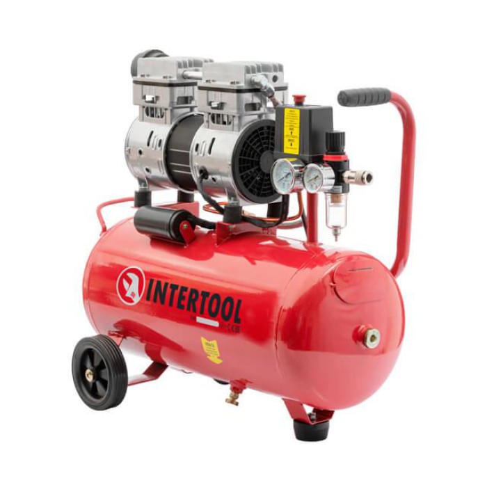 Компресор INTERTOOL PT-0022, 24 л, 1.1 кВт, 220 В, 8 атм, 145 л/хв, малошумний, безмасляний, 2 циліндра
