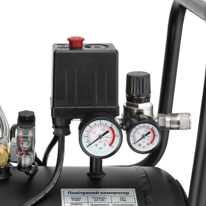 Компресор INTERTOOL PT-0027,50 л, 2x1.1 квт, 220В, 8атм, 320 л/хв, 1400 об/хв, безмасляний, 4 циліндра .