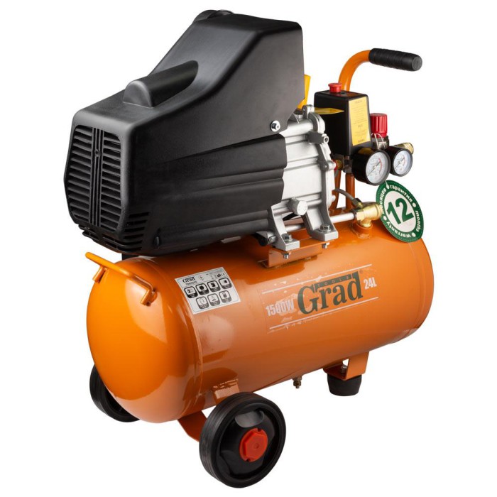 Компресор одноциліндровий 1.5 кВт 198 л/хв 8бар 24 л (2 крани) GRAD (7043555)
