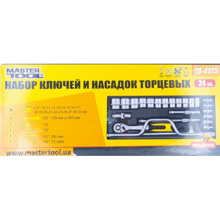 Набор насадок торцевых MasterTool 78-4125 PROFI, CrV 1/2” 10-32 мм, трещотка 72Т, 24 шт мет. кейс
