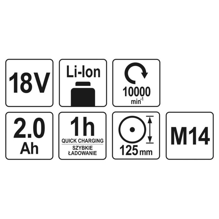 Шліфмашина кутова акумуляторна YATO Li-Ion, 18В, 2 АГод, для диска Ø=125мм, з зарядним пристроєм[4]