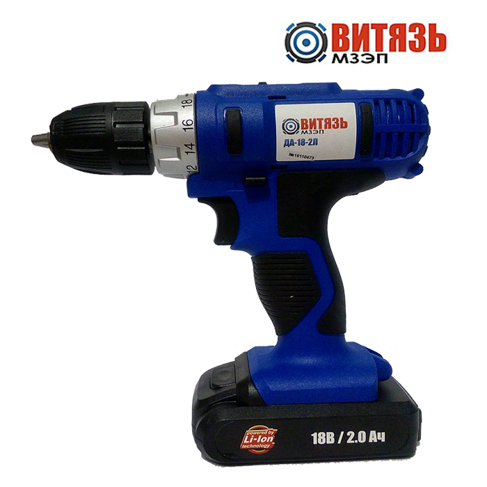 Шуруповерт акумуляторний Витязь ДА-18/2 Л, 18, Li-on, 2 акк, 2 А/год, 350-1350 об/хв, 2 шв., 20 Нм, кейс Шуруповерт акумуляторний Витязь ДА-18/2 Л, 18, Li-on, 2 акк, 2 А/год, 350-1350 об/хв, 2 шв., 20 Нм, кейс
