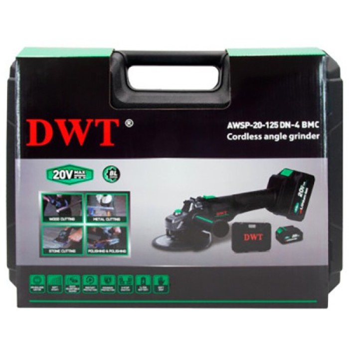 Акумуляторна безщіткова кутова шліфувальна машина (болгарка) DWT AWSP-20-125DN4 BMC (2 АКБ 20В, 4 Аг, кейс)