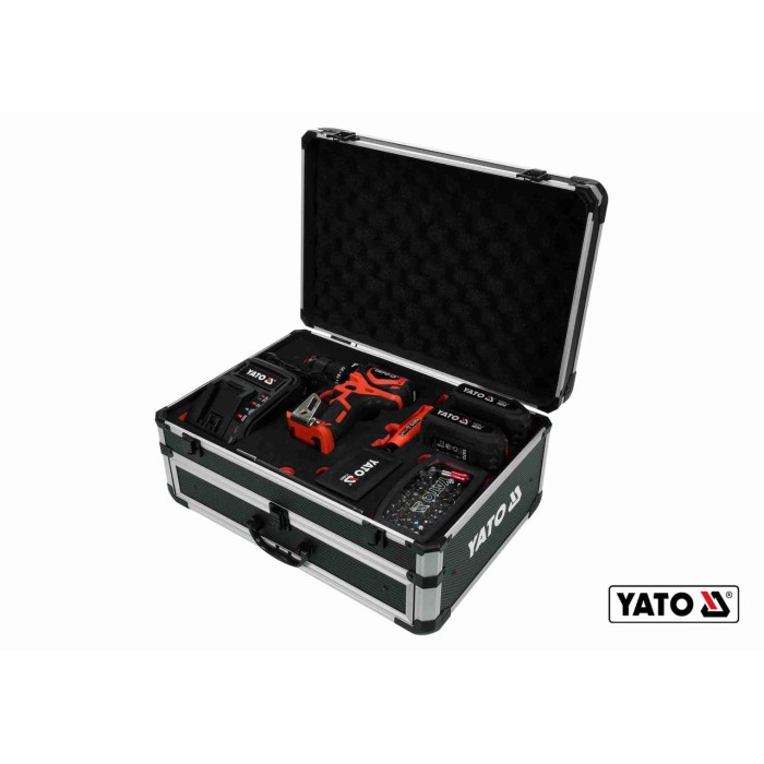 Дрель-шуруповерт ударный аккумуляторный YATO YT-44250  2 x Li-Ion 18 В+сверла+фрезы+отверточные насадки+кейс