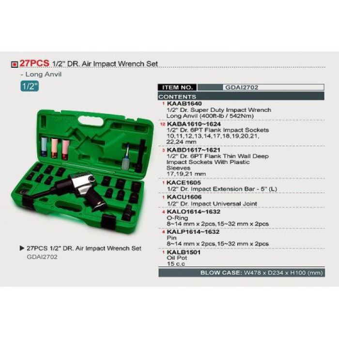 Гайковерт пневматичний з набором головок TOPTUL GDAI2702, 1/2