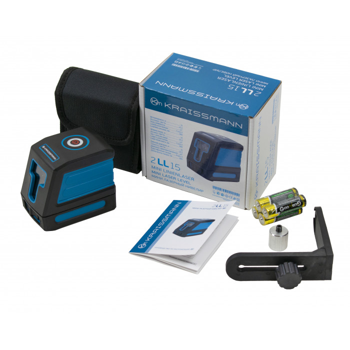 Міні лазерний нівелір KRAISSMANN 2 LL 15, Li-ion, дальність 15 м, 660 нм, буд. 0,3 мм/м, перехідник під штатив