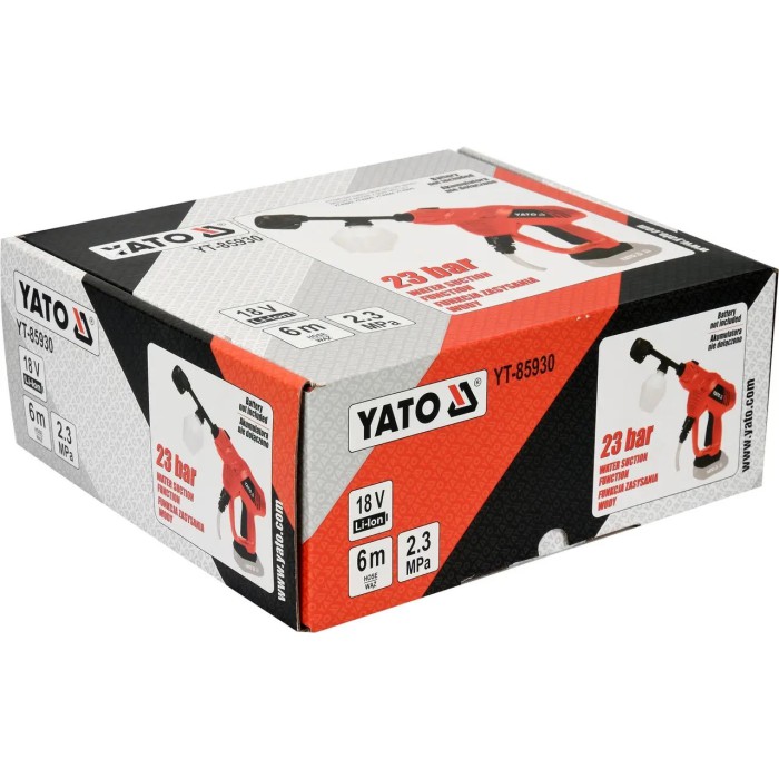 Мойка высокого давления аккумуляторная YATO YT-85930, Li-Ion, 18В, P= 2.3 МПа, шланг-6 м, забор из емкости