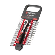 Набір головок INTERTOOL ET-8018, 1/4" 4-14 мм, TORX,PH,HEX,FD, рукоятка з храповим механізмом 72 зуба, 28ед.