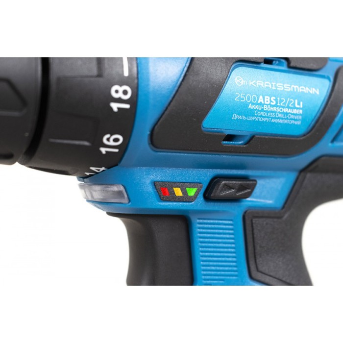 Шуруповерт акумуляторний KRAISSMANN 2500 ABS 12/2 Li, 12 В, 2 акум, 28 Нм, 2 швидкості, кейс, LED підсвічування