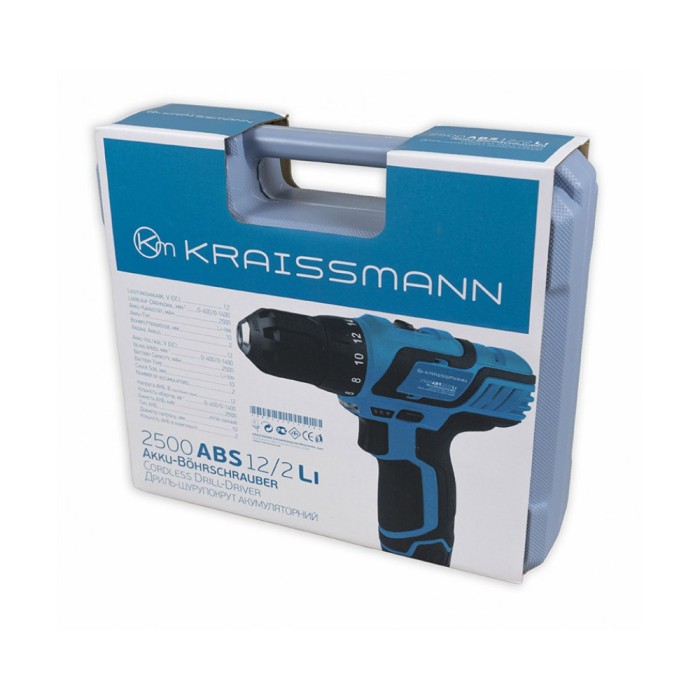 Шуруповерт акумуляторний KRAISSMANN 2500 ABS 12/2 Li, 12 В, 2 акум, 28 Нм, 2 швидкості, кейс, LED підсвічування