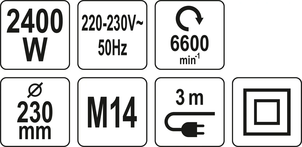 Шліфмашина кутова мережева YATO : Ø= 230 мм. P= 2400 Вт, 6000 об/хв, М14, плавний пуск [2/42]