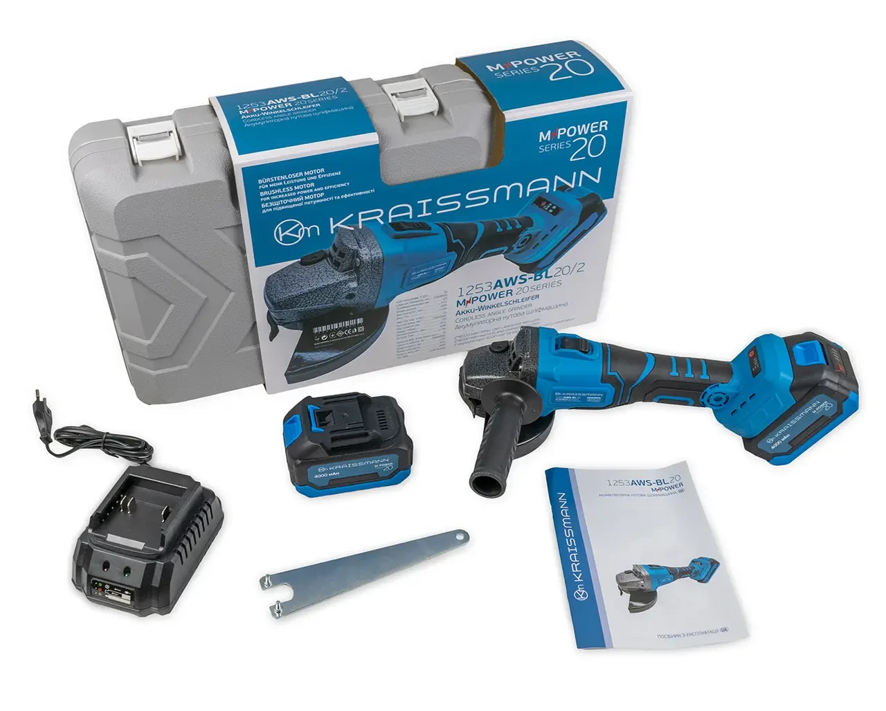 Акумуляторна кутова шліфмашина (болгарка) KRAISSMANN 1253 AWS-BL 20/2 MP (безщіткова, 2 АКБ 20В 4 Аг, кейс)