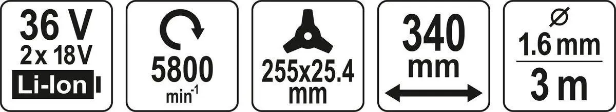 Тример акумуляторний (без акумулятора) YATO YT-85010: Li-Ion 2х18В, шир покосу - 34 см, жилка Ø=1.6 мм Тример акумуляторний (без акумулятора) YATO YT-85010: Li-Ion 2х18В, шир покосу - 34 см, жилка Ø=1.6 мм