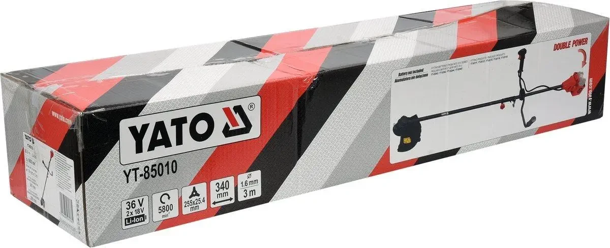 Тример акумуляторний (без акумулятора) YATO YT-85010: Li-Ion 2х18В, шир покосу - 34 см, жилка Ø=1.6 мм Тример акумуляторний (без акумулятора) YATO YT-85010: Li-Ion 2х18В, шир покосу - 34 см, жилка Ø=1.6 мм