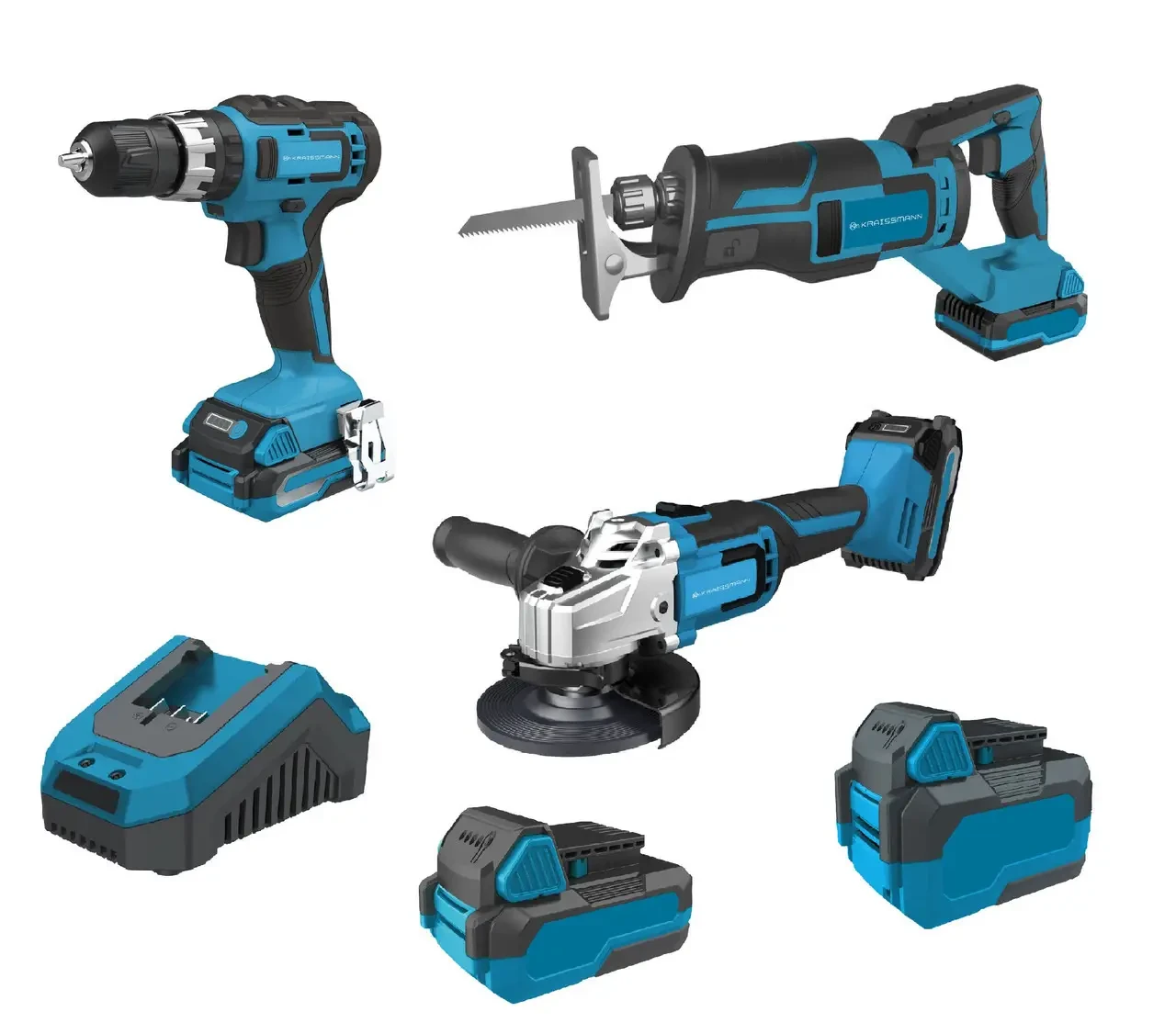 Комплект KRAISSMANN 20UL (Ударний шуруповерт, Кутова шліфмашина, Шабельна пила, 2 акумулятори, ЗП)