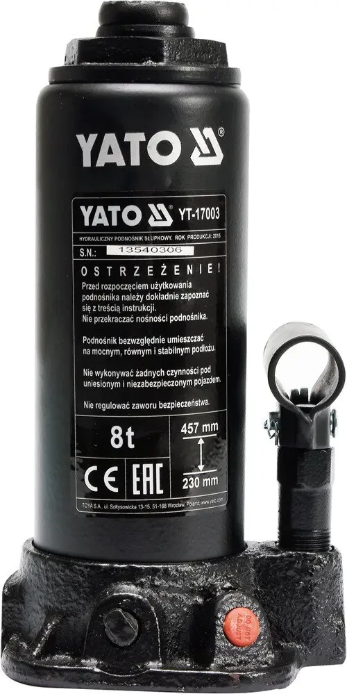 Домкрат гідравлічний пляшковий YATO YT-17003, 8 т 230-457 мм