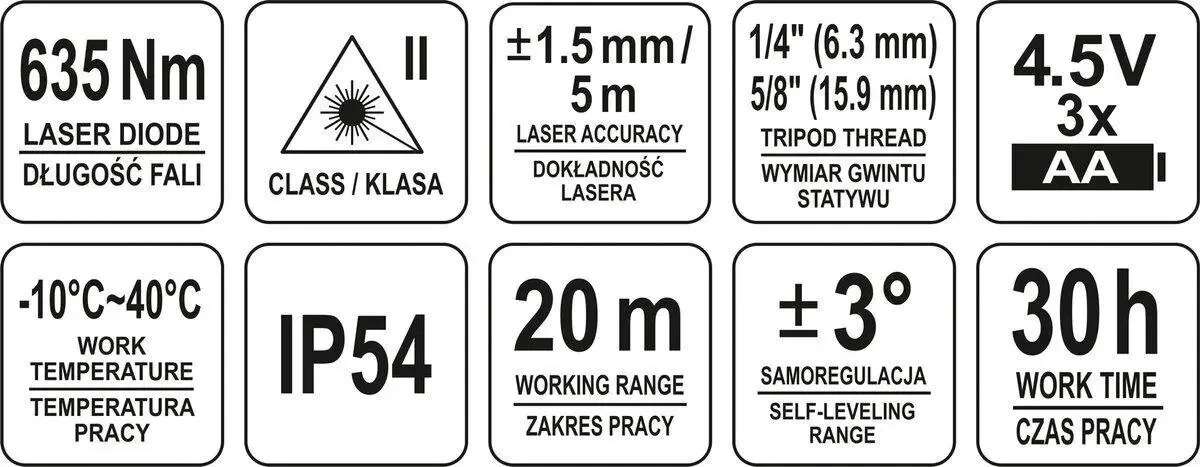 Нівелір лазерний лінійно-точковий стяжка YATO YT-30427, дальність - 20 м, точність- ±1.5 мм / 5 м