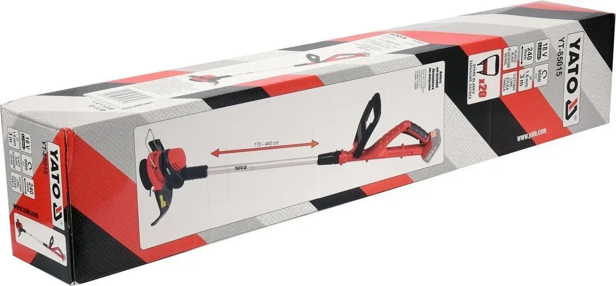 Тример акумуляторний (без акум) YATO YT-85015: Li-Ion 18В, шир покосу - 24 см, жилка Ø=1.6 мм і пласт. ножі - 20