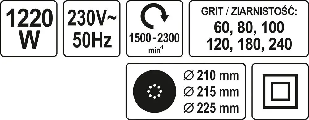 Шліфмашина YATO для штукатурених і гіпсових поверхонь з пилозбірником, P=1220 Вт, платформа Ø=225 мм