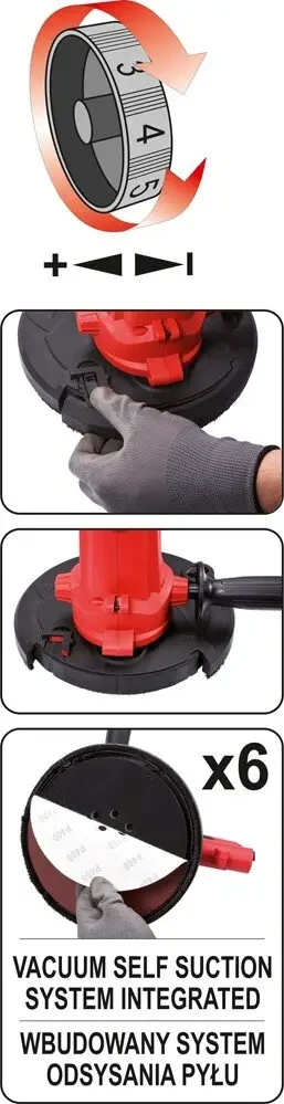 Шліфмашина YATO для штукатурених і гіпсових поверхонь з пилозбірником, P=1220 Вт, платформа Ø=225 мм