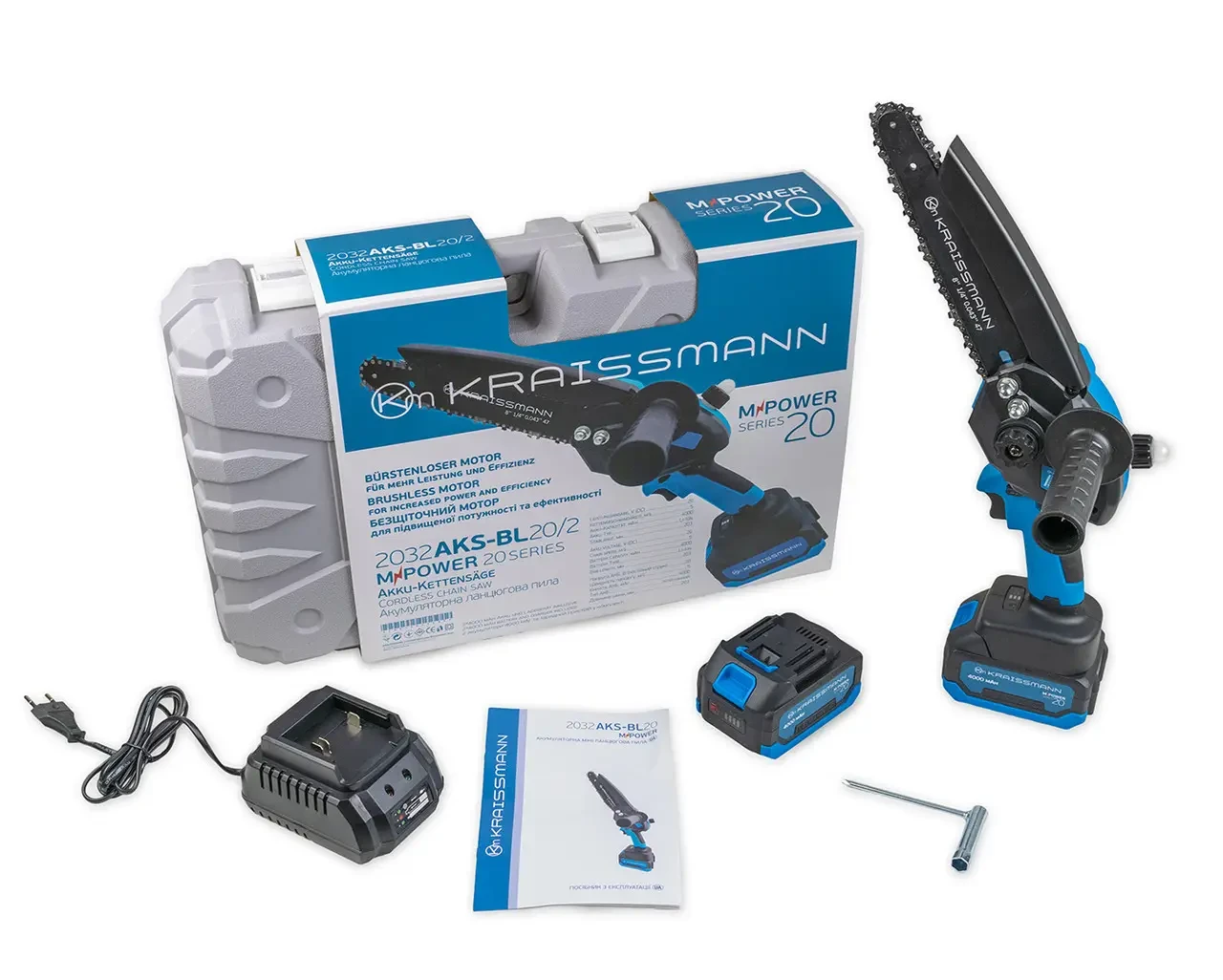 Акумуляторна міні-ланцюгова пила KRAISSMANN 2032 AKS-BL 20/2 MP (шина 203 мм, 2 АКБ 20В, 4 Аг, кейс) Акумуляторна міні-ланцюгова пила KRAISSMANN 2032 AKS-BL 20/2 MP (шина 203 мм, 2 АКБ 20В, 4 Аг, кейс)