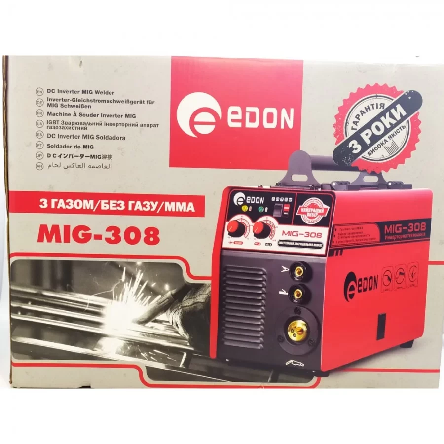 Сварочный полуавтомат Edon MIG-308 2 в 1 MIG-308, 6.4 кВт, КПД 85%, сварочный ток 20-300 А, электрод