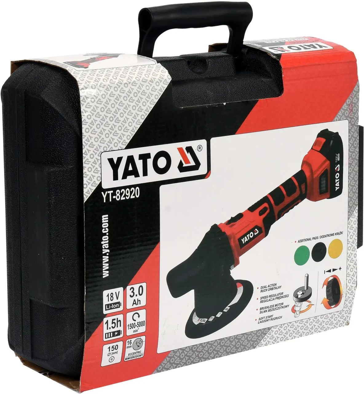 Полірувальна ексцентрикова безщіткова шліфувальна машина YATO YT-82920 (18 В, 3 Аг, 1500-5000 об/хв, 150 мм)