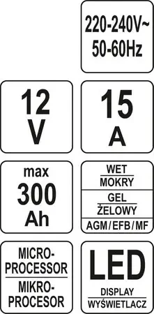 Електронний зарядний пристрій 12В/2А, 6А, 10А, 15А YATO YT-83037