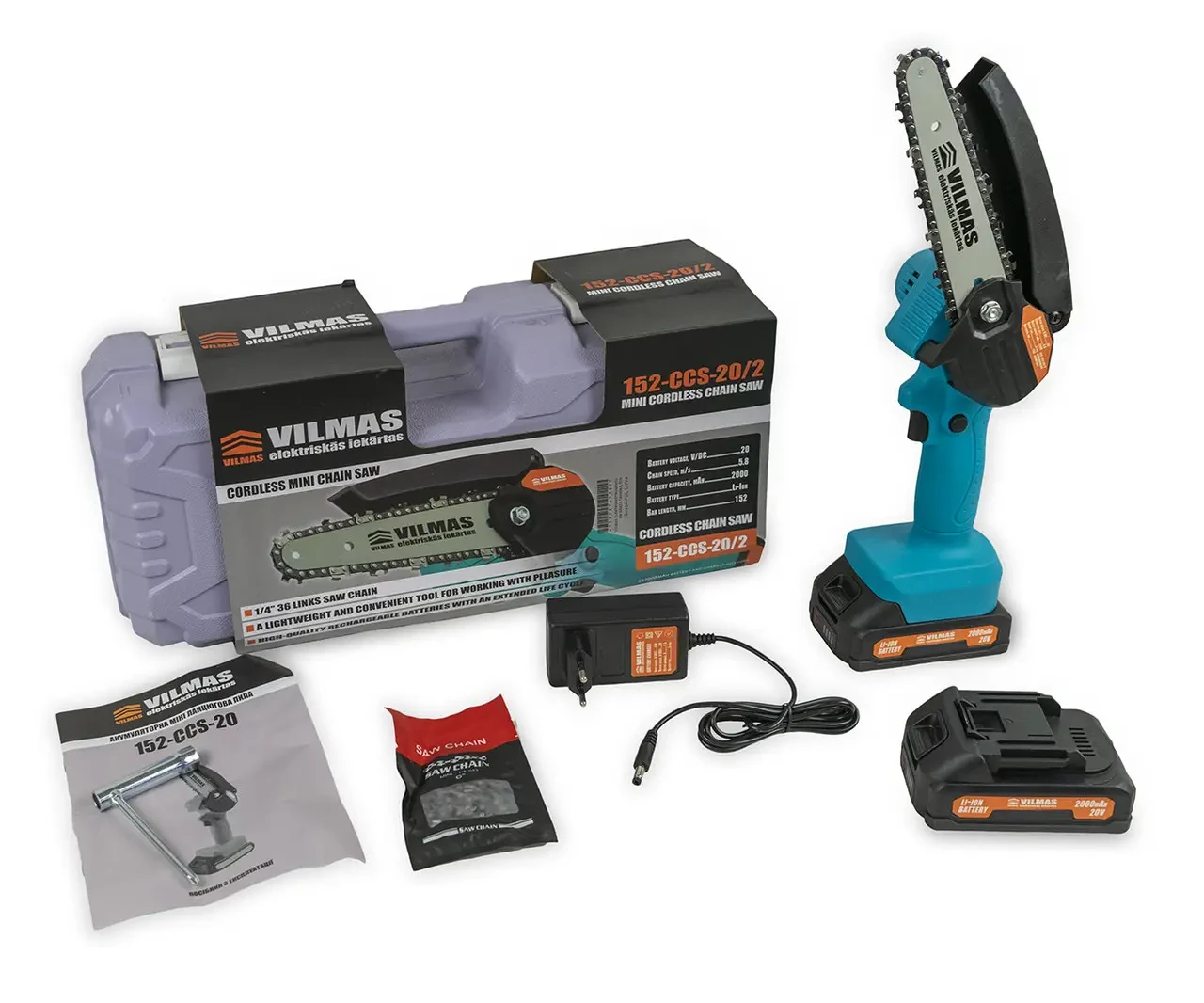 Акумуляторна міні-ланцюгова пила VILMAS 152-CCS-20/2 (2 АКБ 20В, 2 Аг, 2 шини та 2 ланцюги в комплекті) Акумуляторна міні-ланцюгова пила VILMAS 152-CCS-20/2 (2 АКБ 20В, 2 Аг, 2 шини та 2 ланцюги в комплекті)