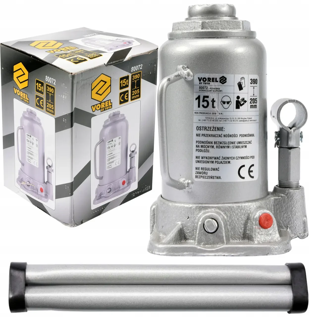 Домкрат гідравлічний cтовбцевий VOREL 80072; F= 15 т, роб. висота- 205- 390 мм