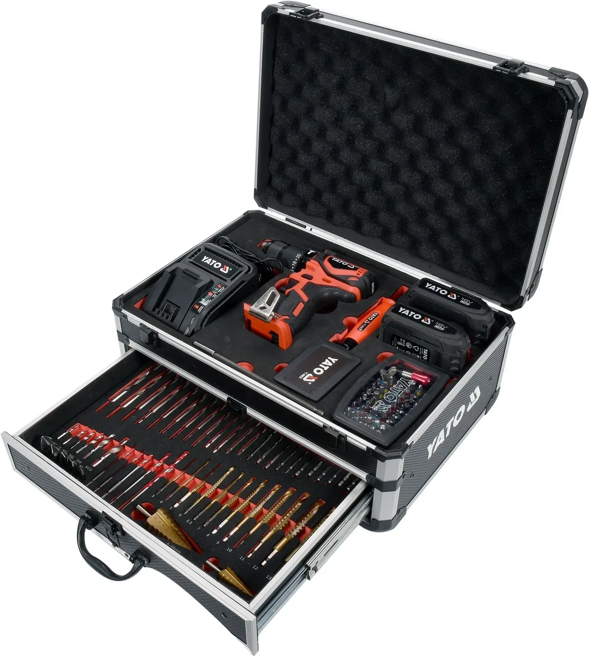 Дриль-шуруповерт ударний акумуляторний YATO 2 x Li-Ion 18+свердла+фрези+насадки викруткові+кейс Дриль-шуруповерт ударний акумуляторний YATO 2 x Li-Ion 18+свердла+фрези+насадки викруткові+кейс