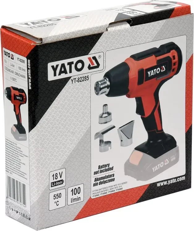 Фен технічний акумуляторний YATO YT-82285: 18В, 550°C, 100 л/хв (без акумуляторів та зарядного пристрою) Фен технічний акумуляторний YATO YT-82285: 18В, 550°C, 100 л/хв (без акумуляторів та зарядного пристрою)